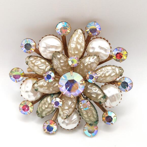 Vintage Lava Iridescent Glass Brooch, Aurora Borealis Rhinestones, 1950s - Picture 5 of 8